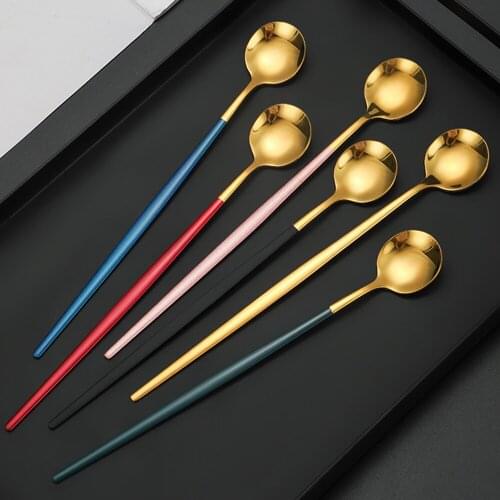 1 Pc Gold Coffee Tea Stir Spoon Long Handle Ice Cream Dessert Spoons Eco-Friendly Stainless Steel Tableware Kitchen Supplies