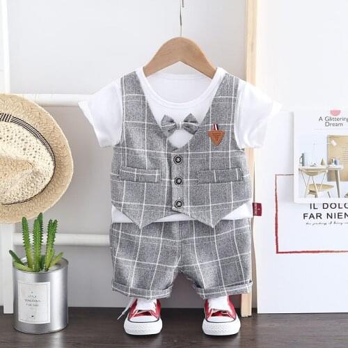 2021 Summer Children Baby Boys Cotton Clothes Infant Patchwork Kid Gentleman Bowknot Tie T-Shirt Toddler Fashion Clothing SUIT