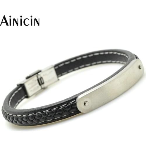 5pcs Genuine Black leather With Matte Surface Weaved Stainless Plate 8'' Fashion Mens Bracelets