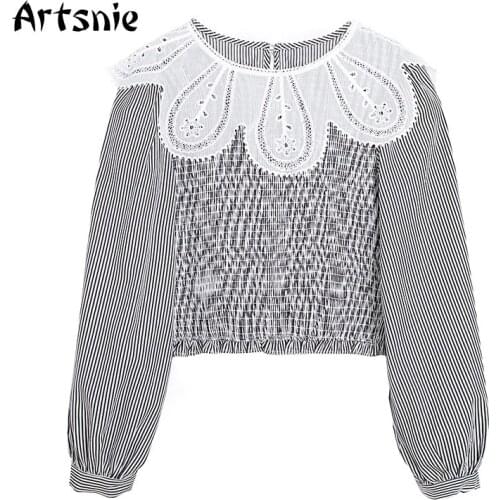Artsnie Striped Lace Blouse Women Spring 2021 O Neck Long Sleeve Slim Tops Vintage Casual Streetwear Ladies Blouses Blusas Mujer