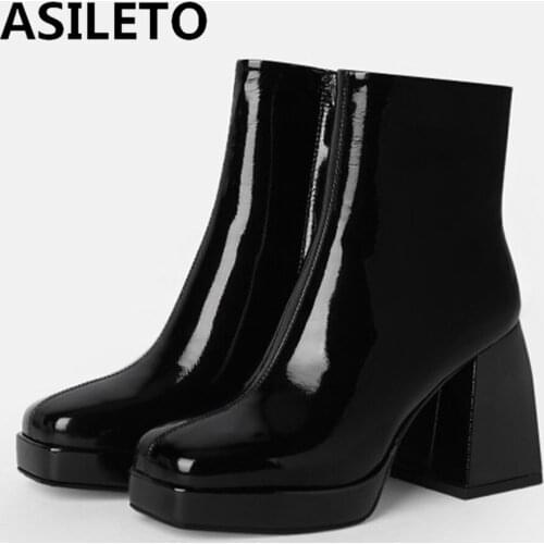 ASILETO Short Ankle Boots Patent Leather Zipper Platform Block Thick High Heel Ladies Square Toe Womens Boots 40 Office S2376