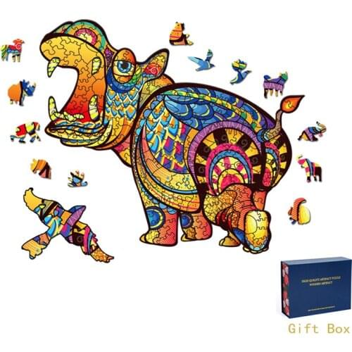 Colorful All Kinds Animal Hippo Wood Puzzle Board Child Birthday Holiday Party Montessori Toy Puzzle Game Adult Wooden Gif
