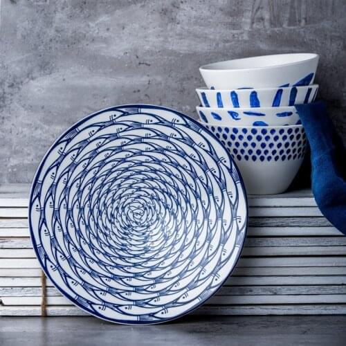 8 Inch Ceramic Dinner Plates Round Fish Printed On-glazed Porcelain Steak Pasta Desserts Creative Cute Dishes & Plates 1 Piece