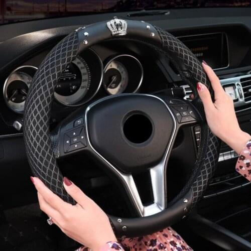 Summer Steering Wheel Cover Rhinestone Crown Breathable leather ice silk Auto interior Accessories For womens girls