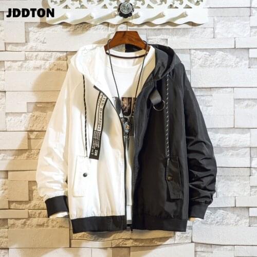 JDDTON Mens Bomber Jacket Casual Male Loose Hoodies Windbreaker Colorblock Korean Style Hip Hop Outwear Hooded Streetwear JE513