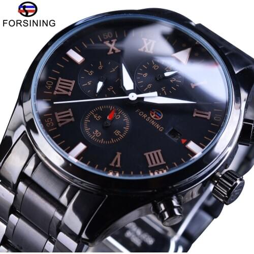 Forsining Black Stainless Steel Maltifuction Calendar Display Liminous Display Mens Watch Top Brand Luxury Automatic Wristwatch