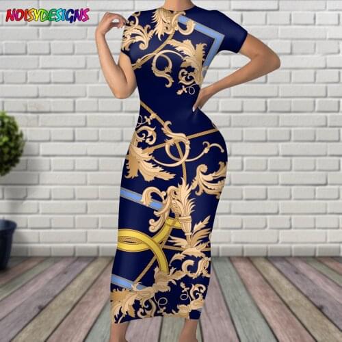 NOISYDESIGNS Bodycon Dress Women 2021 Summer Beach Golden Flower Printed Euporean Style Long Dress Sukienka Letnia Damska Blue