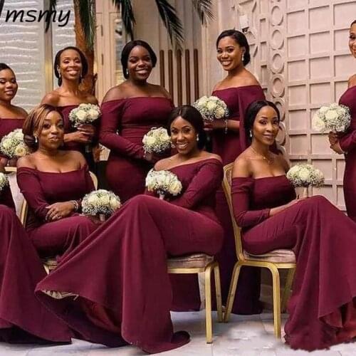 Latest Burgundy Bridesmaid Dresses Off The Shoulder Long Sleeve Mermaid Sweep Train Formal Wedding Party Dresses Maid of Honor