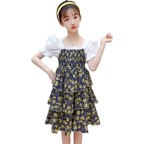 Dresses For Girls Floral Pattern Girl Child Dress Tiered Kids Cake Dresses Patchwork Clothes For Girls 6 8 10 12 14