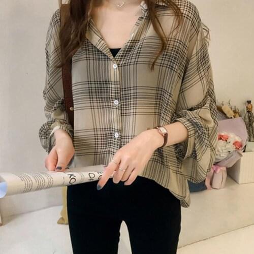Plus Size M-4XL Plaid Shirts Women Long Sleeve Cardigan Vintage Top Turn-down Collar Blouse Fashion Female Button Up Shirts 2021