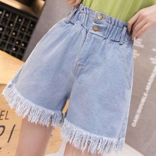 Zoki Blue Denim Shorts Womens A Line Shorts Version Chic Tassel Casual Slim High Waist Wide Leg Loose Plus Size Fashion New2021