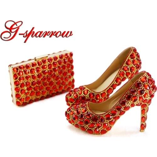Red Rhinestone Wedding Shoes with Matching Purse Gorgeous Woman Ladies High Heels Beautiful Mother of Bride Party Shoes Clutch