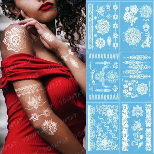 Waterproof Metallic Gold Silver White Temporary Tattoo For India Henna Love Flower Pattern