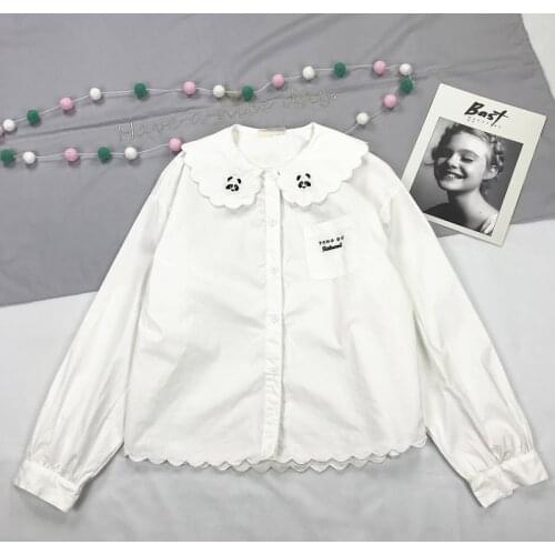 Women Ruffles Top And Blouses Cartoon Panda Embroidery Cotton Blouse 2020 Spring Sweet Girl Peter Pan Collar Shirt MERRY PRETTY