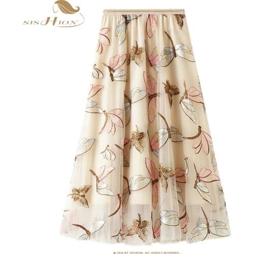 SISHION Sequins Dragonfly Embroidery Skirt WF0133 Apricot Grey Women Ladies Long Tulle Skirt Plus Size Mesh Skirts