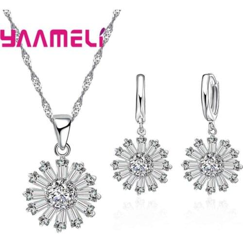 Women Trendy Pendant Necklace Drop Earring Set For Engagement Charm Dandelion Shape Zircon Wedding Silver Sets