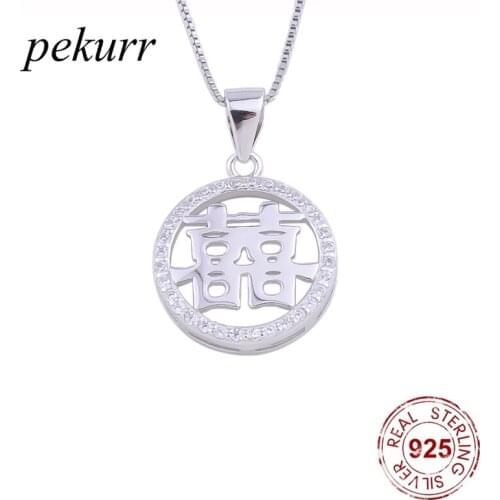 Pekurr 925 Sterling Silver Chinese Character Lucky Necklace For Women Zircon Round Circle Pendants Wedding Fashion Jewelry