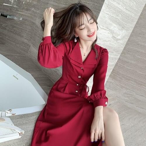 2021 New Spring Fall Fashion Vintage Single Breasted Long Sleeve V Neck Elegant Solid A Line Red Women Casual Dresses Vestidos