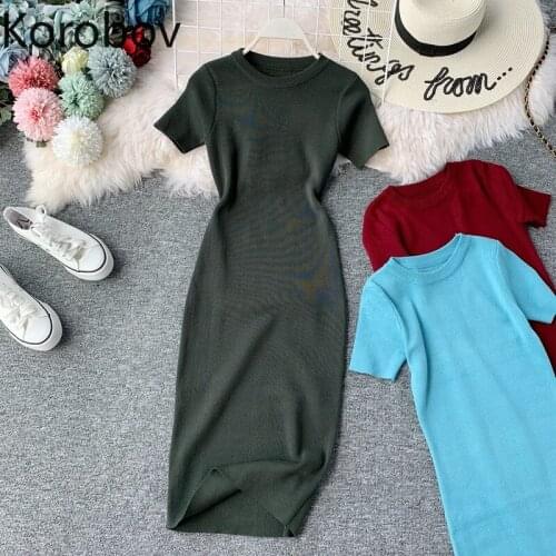 Korobov 2021 New Short Sleeve Solid Vintage Women Dress Korean Knit Stretch Waist Elegant Dresses O Neck Bodycon Vestidos Femme
