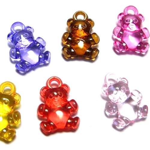 200 Mixed Colour Transparent Acrylic Bear Charm Pendants 20X15mm