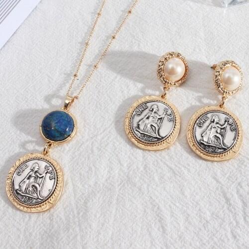 2020 New Baroque Fashion Coin Head Long Vintage Sweater Chain Pearl Stud Earrings & Necklace Jewerly Set for Women