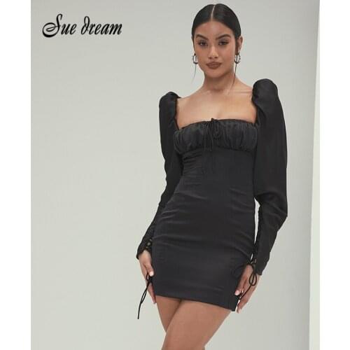 2021 Summer Sexy Square Neck Long Sleeve Pleated Black Bodycon Dress Elegant WomenS Bodycon Celebrity Party Dress Vestidos