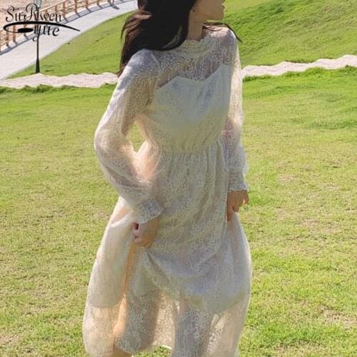 2021 Autumn Vintage Lace Dress Elegant Puff Long Sleeve Slim A-line Vestidos High Waist Lace Voile Mesh Long Dress Women 11915