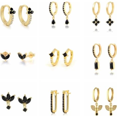 CANNER Small Black CZ Zircon Stud Hoop Earrings For Women 925 Sterling Silver Round Circle Piercing Pendientes Plata 925 Earring