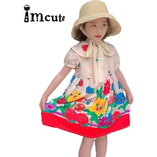 Imcute Girls Dress 90-130cm Fashion Beach Girls Summer Dress Kids Cartoon Floral Funny Ruffles Casual Dress for Girls Clothes