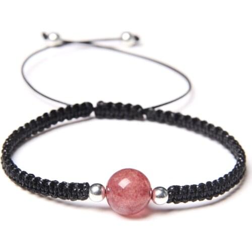 Women Bracelet 10mm Strawberry Crystal Quartz Beads Braided Bracelet Natural Gem Stone Beaded Charm Bracelet for Girls Gifts
