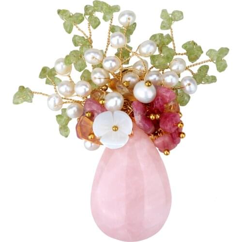 Women Rose Quartz Freshwater Pearl Peridot Citrine Watermelon Quartz Flower Vase Pin Brooch Pendant 2-in-1 Handmade Jewelry