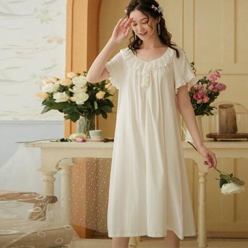 Elegant Ladies Cotton Sleepwear Long Dress Women Summer Loose Plus Size Short Sleeve Nightgown Comfortable Midi White Dress