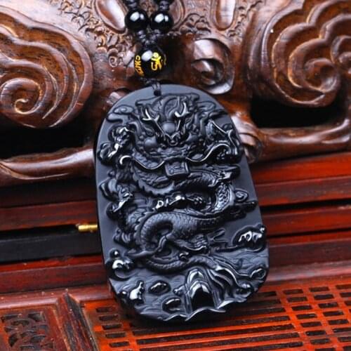 Chinese Style Natural Black Stone Pendant with Bead Necklace Classic Carved Zodiac Dragon Mens Amulet Jewelry