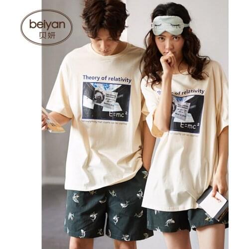 Summer Couples Cotton Female Fashion Leisurewear Thin O-neck Girl Mens Suits Lovely Pajamas Set