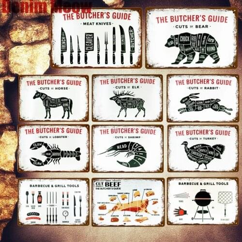 Animal Structure Retro Plaque Metal Plates Kitchen Decor Cuts Pig Crab Lobster Turkey Poster Butchers Guide Wall Painting MN96