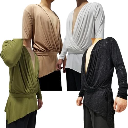 Men Latin Dance Shirts V-Neck Long-Sleeved Top MenS Adults Loose Practice Clothes Salsa Rumba Tango Cha Cha Stage Wear DNV13248