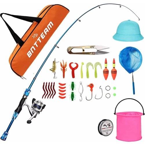 Spinning Reel & Rod Combos With Telescopic Fishing Rod Reel Lures Hat Folding Bucket Retractable Net Line Set for Kids/Beginners