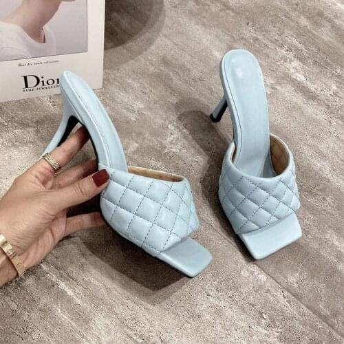 Mr Co New Summer One-word Diamond Sandals And Slippers Outer Wear European And American Side Open-toe High-heel Half Slippers