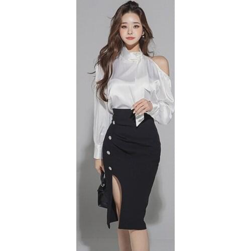 New arrival comfortable work style women sets temperamental loose off shoulder sexy shirt and slim pencil skirt elegant sets