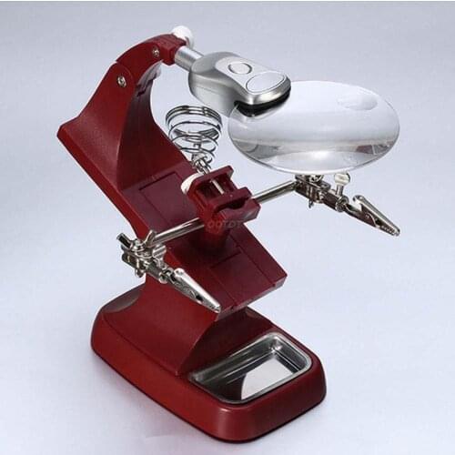 OOTDTY Helping Hand Clip LED Magnifying Soldering Iron Jewelry Stand Lens Magnifier Red