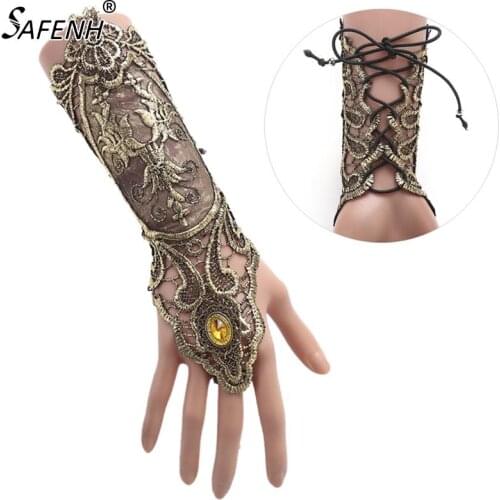 Women Vintage Style Lace Fingerless Long Gloves Lace Hollow-Out Chain Bracelet Skid Resistant Gloves