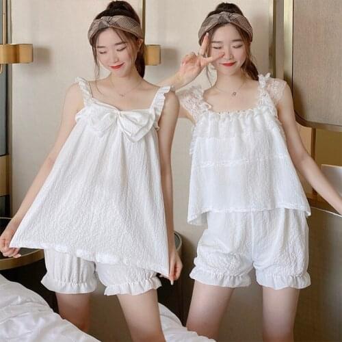 Sexy Lingerie Spaghetti Strap Cotton Shorts Pajama Sets For Women Summer Cute Bow Sleepwear Pyjama Homewear Pijama Mujer Clothes