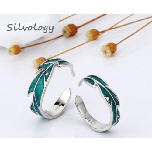 Silvology 925 Sterling Silver Rain Drop Plantain Couple Rings Originality Enamel Green Leaf Rings for Lovers Jewelry Designers