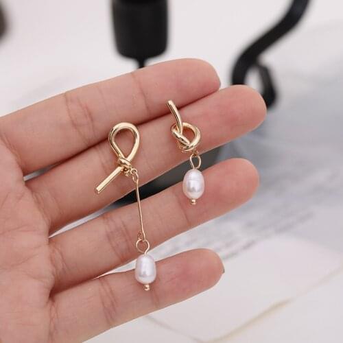 Simulated Pearl Knotted Stud Earrings Metal Bow Chain Earrings For Women Geometric Piercing Earring Wedding Ear Jewelry