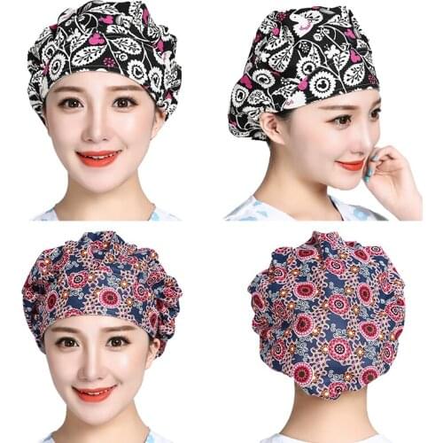 Scrubs Caps Head Cover Women Pattern Printed Cotton Sweatband Bouffant Hats Anti-dust Adjustable Work Wear Hats Accessories