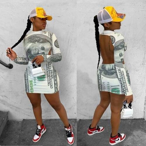 Money Printed Backless Mini Dress Sexy Open Back Birthday Dress for Women Long Sleeve Turtleneck Dresses Spring Summer Clothes