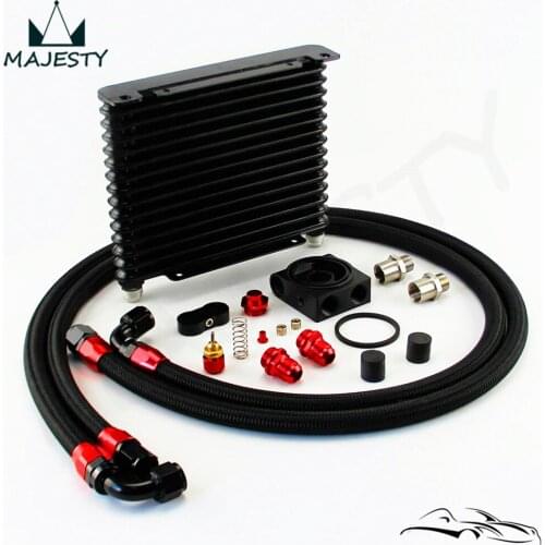 10AN 32MM 15 Rows Universal Engine Oil Cooler+73 degree Thermostat Sandwich Plate kit Black