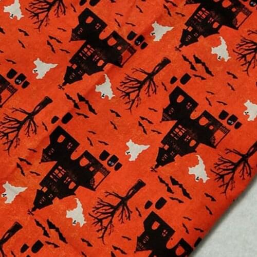 Viaphil 100% Cotton Fabric Orange Halloween Black Castle White Ghost Printed Sewing Cloth Dress Clothing Textile Tissue