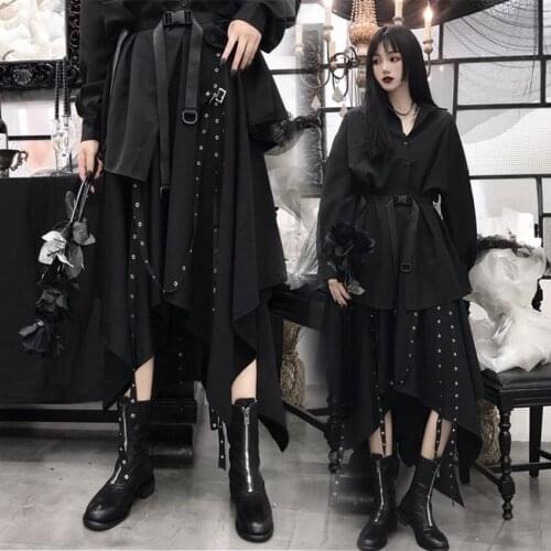 Japanese Women Dresses Summer Gothic BlackHarajuku Style Long Fashion Soft Irregular Skirt Cool Girls Sexy Streetwear