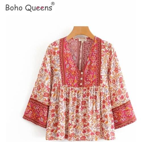 Happie chic women floral printed v-neck lace-up Boho blouse shirts Ladies rayon long sleeve shirts bohemian blusas